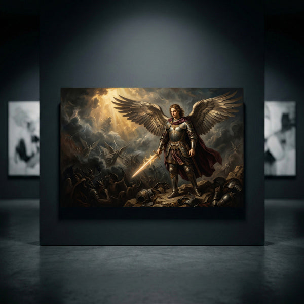 Dramatic Archangel Michael oil painting style canvas print, angelic warrior in armor with glowing sword in divine battle.