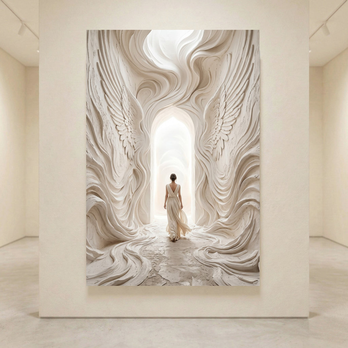 Ethereal woman in white dress walking through a beautifully sculpted white archway with wing-like details towards a bright light canvas print.