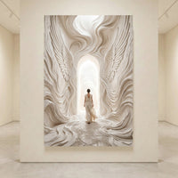 Ethereal woman in white dress walking through a beautifully sculpted white archway with wing-like details towards a bright light canvas print.