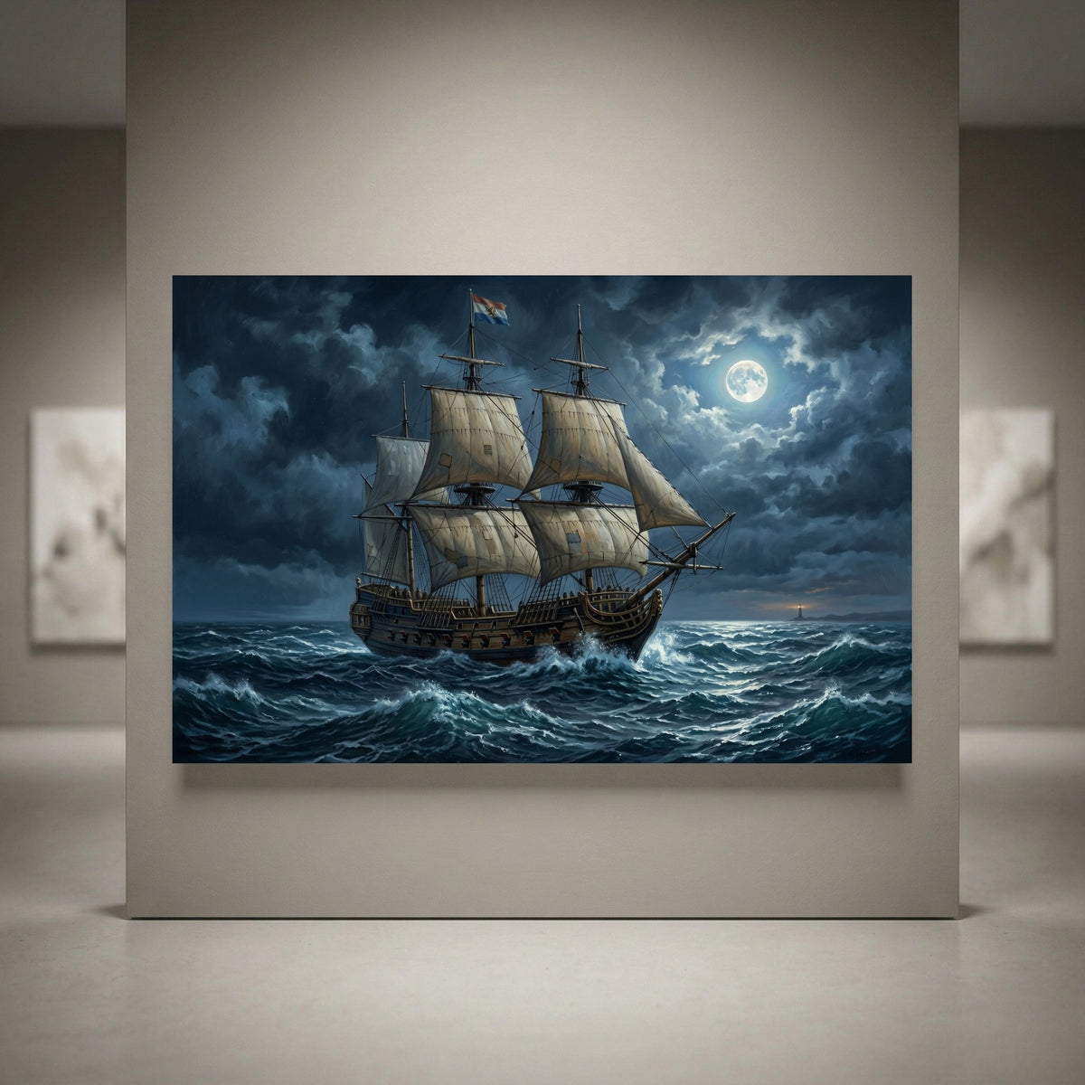 Dramatic moonlit sailing ship canvas print on a stormy sea with a distant lighthouse, in classic oil painting style.