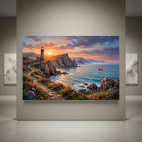 Coastal lighthouse sunset canvas print, vibrant oil painting style of ocean cliffs, wildflowers, and a small boat.