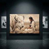 Native American woman and white bison oil painting style canvas print. Spiritual art, wilderness, cultural scene, serene.