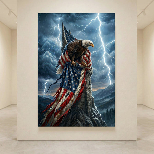 Bald eagle on stone tower with tattered American flag, stormy sky, lightning, mountains. Patriotic canvas print.