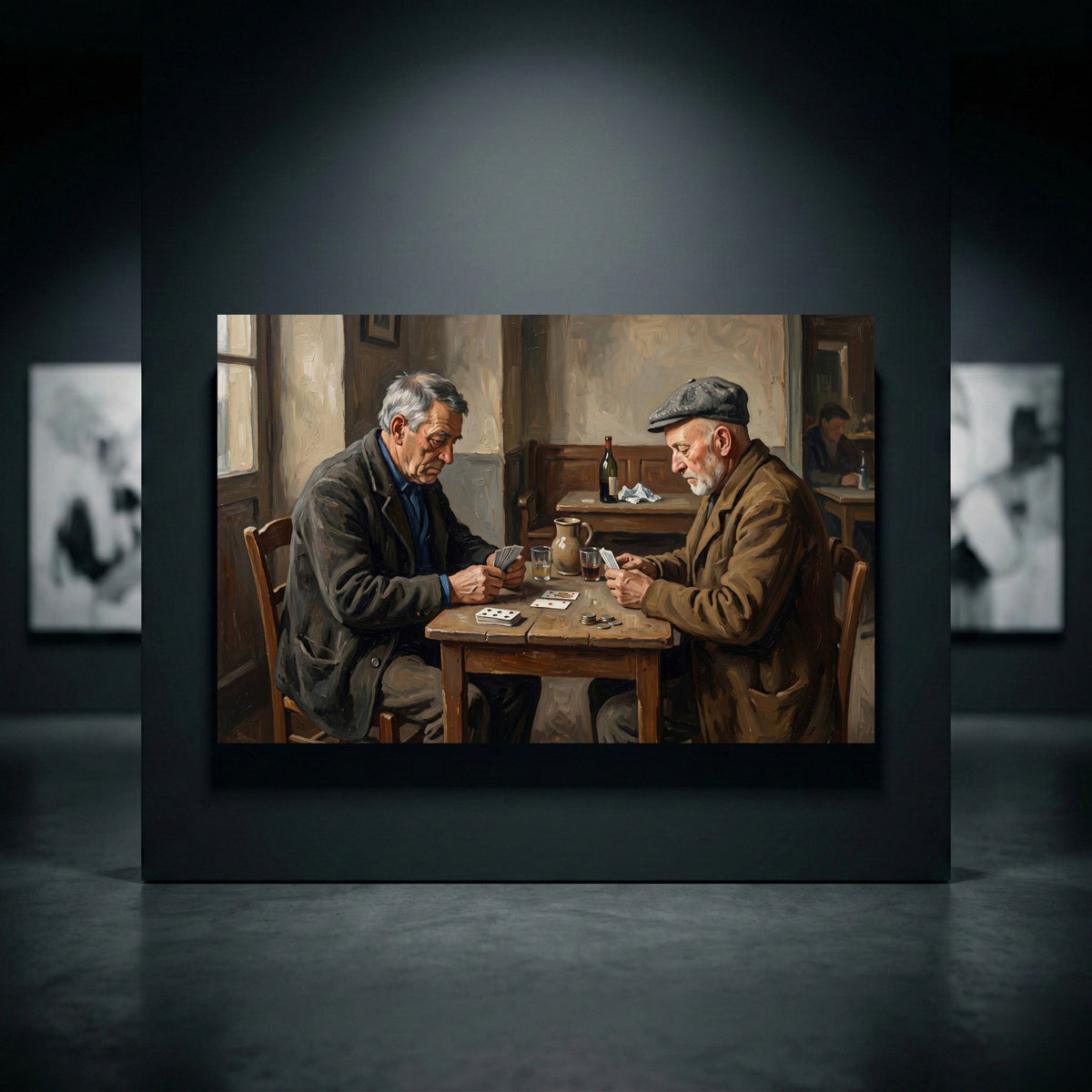 Oil painting style canvas print featuring two elderly men playing cards at a wooden table in a rustic tavern.