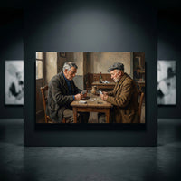 Oil painting style canvas print featuring two elderly men playing cards at a wooden table in a rustic tavern.