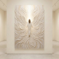 Textured white angelic figure canvas print with expansive wings and radiant light, ideal for spiritual home decor.