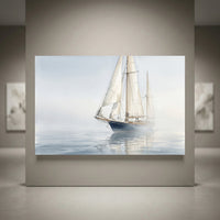 Watercolor style canvas print of a classic sailboat on a misty, calm ocean with reflections.
