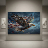 Patriotic bald eagle canvas print with wood & metal texture, American flag background, autumn leaves, and cloudy sky.