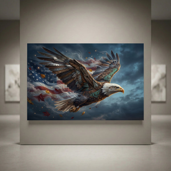Patriotic bald eagle canvas print with wood & metal texture, American flag background, autumn leaves, and cloudy sky.