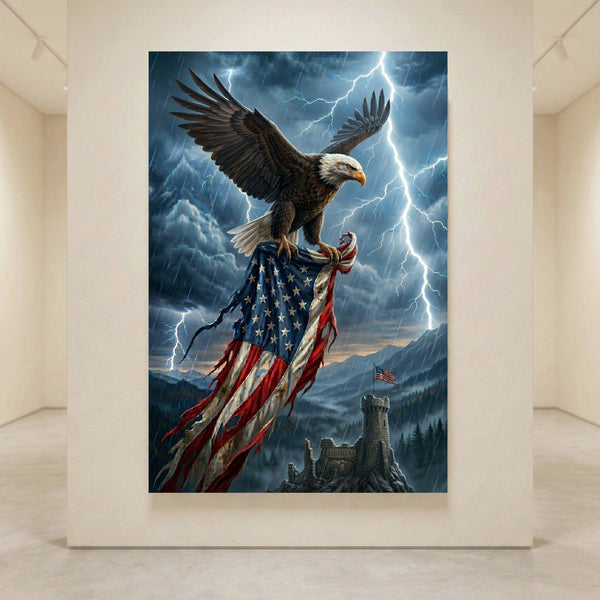 Dramatic bald eagle perched on a tattered American flag canvas print against a stormy sky with lightning and 'LIBERTAS' castle.