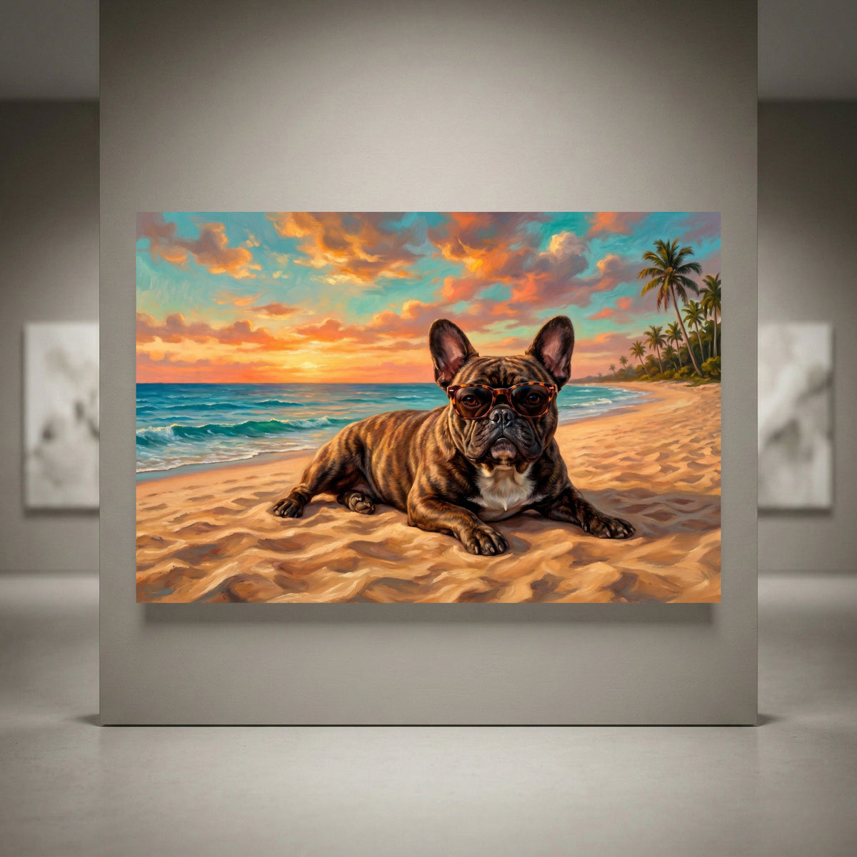 Brindle French Bulldog in sunglasses on a tropical beach at sunset. Vibrant oil painting style canvas print with palm trees and ocean.