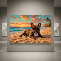 Brindle French Bulldog in sunglasses on a tropical beach at sunset. Vibrant oil painting style canvas print with palm trees and ocean.