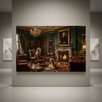 Oil painting style canvas print of three dogs (Weimaraner, Cavalier, Afghan Hound) in an opulent green study with fireplace.