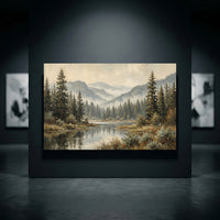 Forest lake landscape canvas print, serene pine trees, misty mountains, calm water reflection, oil painting style artwork.