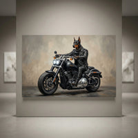 Doberman dog in biker jacket riding motorcycle canvas print, oil painting style. Black Harley-Davidson inspired art.
