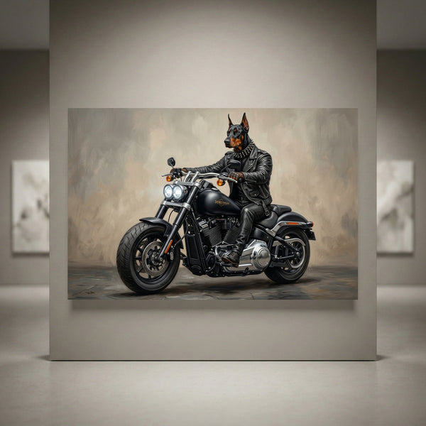 Doberman dog in biker jacket riding motorcycle canvas print, oil painting style. Black Harley-Davidson inspired art.
