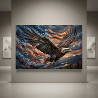Majestic bald eagle flying with American flag, autumn leaves, and mountains in a dramatic oil painting style canvas print.