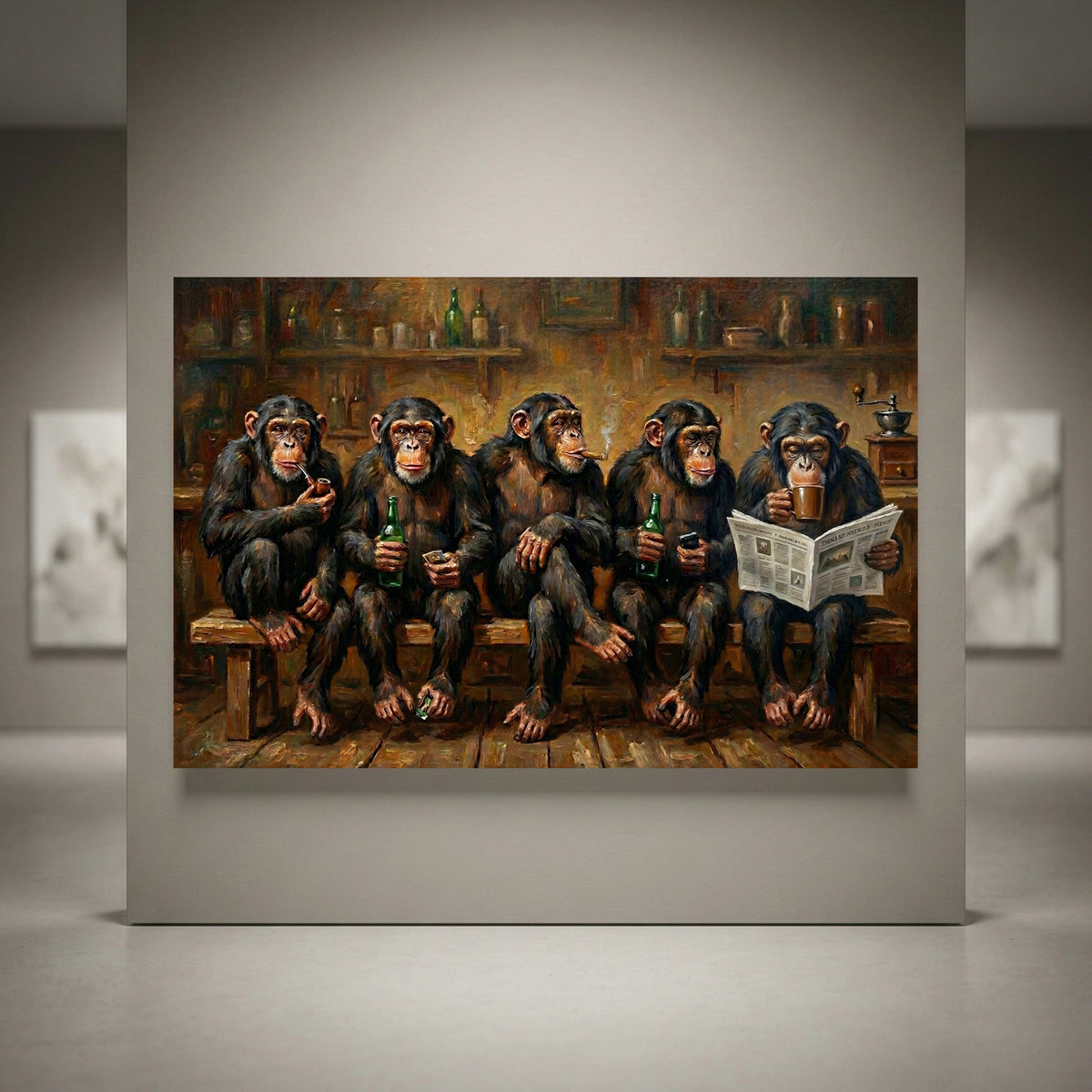 Chimpanzee Bar Canvas Wall Art, Painterly Monkey Group Print, Playful Lounge Decor
