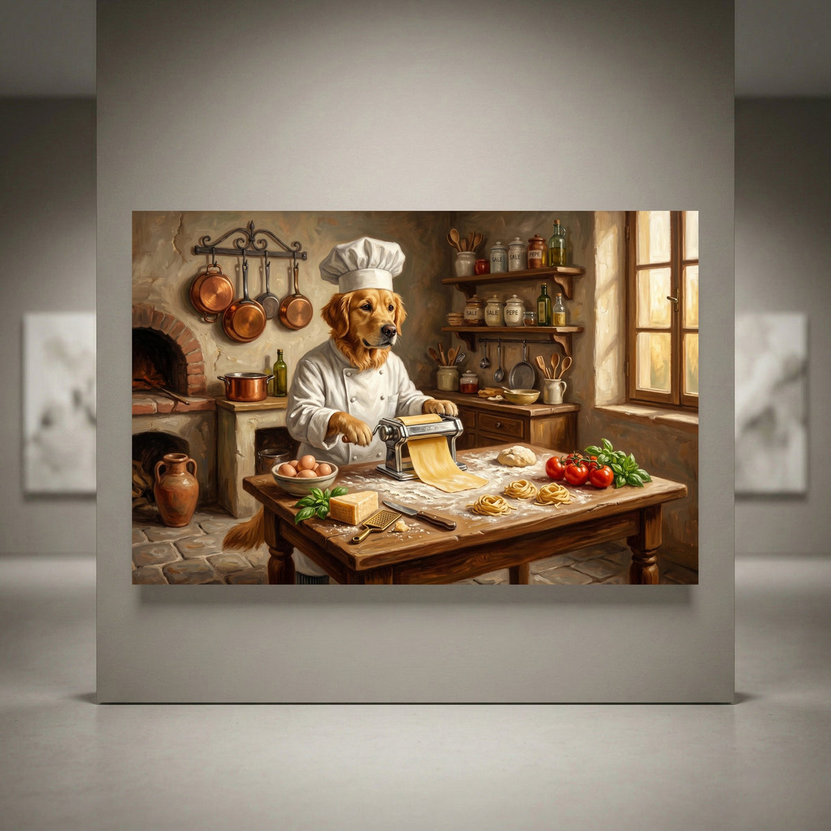 Golden Retriever chef making pasta in a rustic Italian kitchen. Oil painting style canvas print.