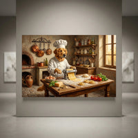 Golden Retriever chef making pasta in a rustic Italian kitchen. Oil painting style canvas print.
