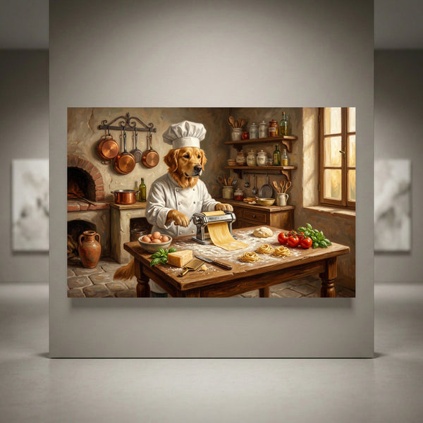 Golden Retriever chef making pasta in a rustic Italian kitchen. Oil painting style canvas print.