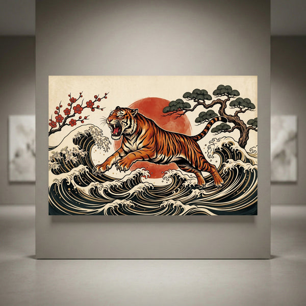 Japanese Ukiyo-e style canvas print featuring a leaping tiger, ocean waves, red sun, cherry blossoms, and pine tree.