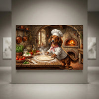 Cute Dachshund chef in a rustic kitchen making pizza, surrounded by fresh ingredients and a brick oven, oil painting style.