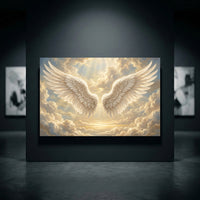 Ethereal angel wings canvas print amidst golden clouds with divine light rays, spiritual artwork for home decor.