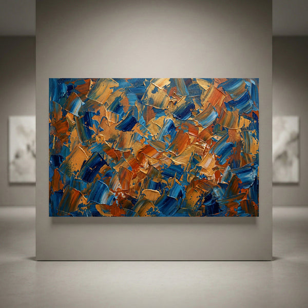 Abstract textured canvas print art with bold blue, orange, and gold palette knife strokes. Modern gallery wall decor.