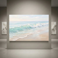 Textured impasto ocean wave canvas print, featuring gentle turquoise waves on a sandy beach under a clear sky.