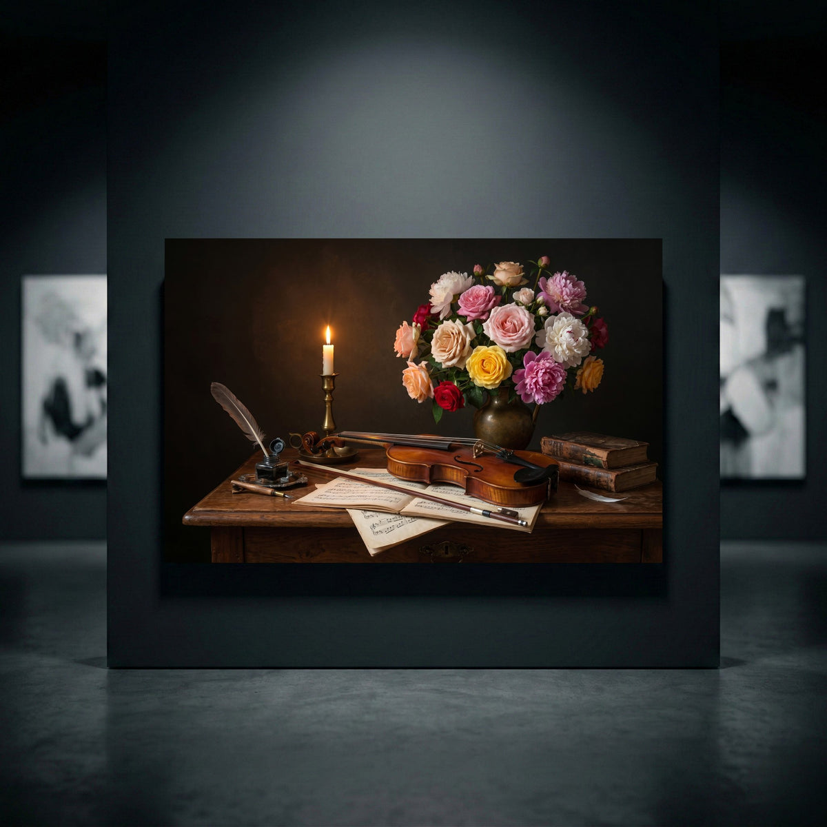 Classic still life canvas print with a violin, sheet music, quill, old books, vibrant roses, and a glowing candle on a wooden table.