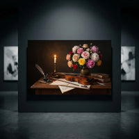 Classic still life canvas print with a violin, sheet music, quill, old books, vibrant roses, and a glowing candle on a wooden table.