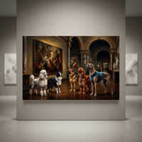 Canvas print of diverse dogs in an ornate museum, gazing at a painting, in rich oil painting style artwork.