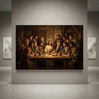 The Last Supper oil painting style canvas print, depicting Jesus and twelve disciples at a table with candles.