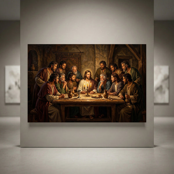 The Last Supper oil painting style canvas print, depicting Jesus and twelve disciples at a table with candles.