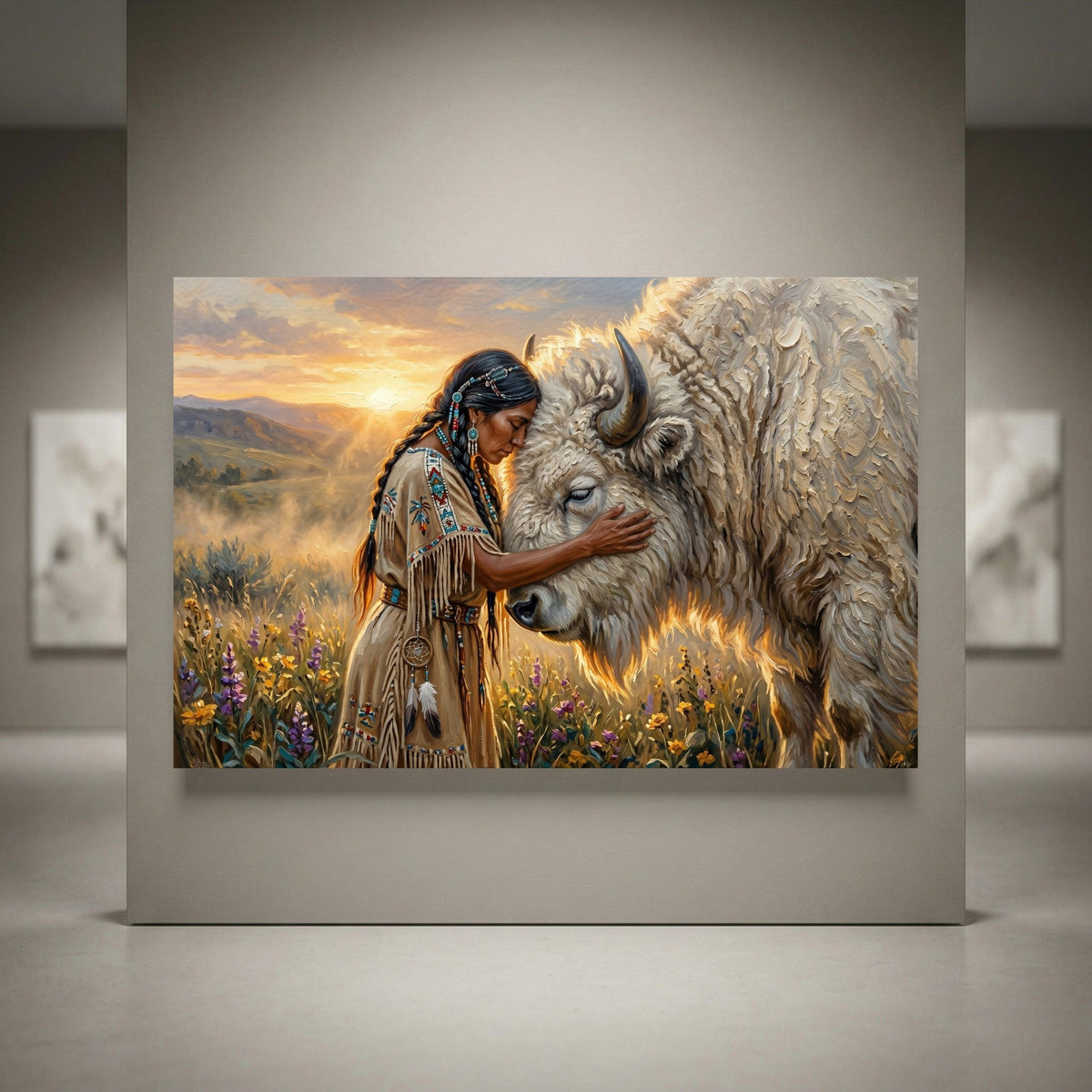 Native American woman with white buffalo at sunset, spiritual wilderness scene. Impressionistic canvas print wall art.