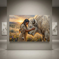 Native American woman with white buffalo at sunset, spiritual wilderness scene. Impressionistic canvas print wall art.