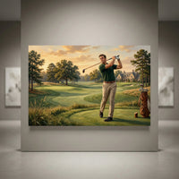Oil painting style canvas print of a golfer in mid-swing on a scenic green golf course with a clubhouse, elegant decor.