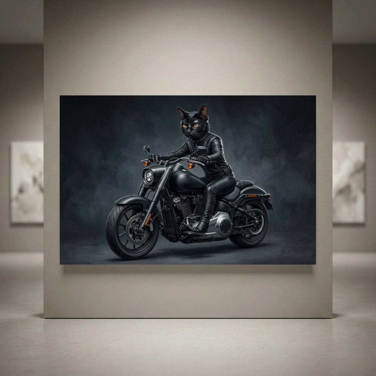 Black cat in leather biker suit and mask riding a black motorcycle, dark background, canvas print wall art.