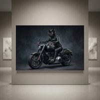 Black cat in leather biker suit and mask riding a black motorcycle, dark background, canvas print wall art.