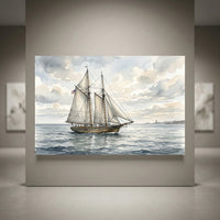 Watercolor style canvas print featuring a large schooner ship sailing on the ocean under cloudy skies with a lighthouse.