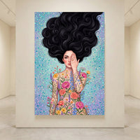 Illustrated woman with long dark hair, hand covering eye, body covered in colorful flowers and polka dot background canvas print.