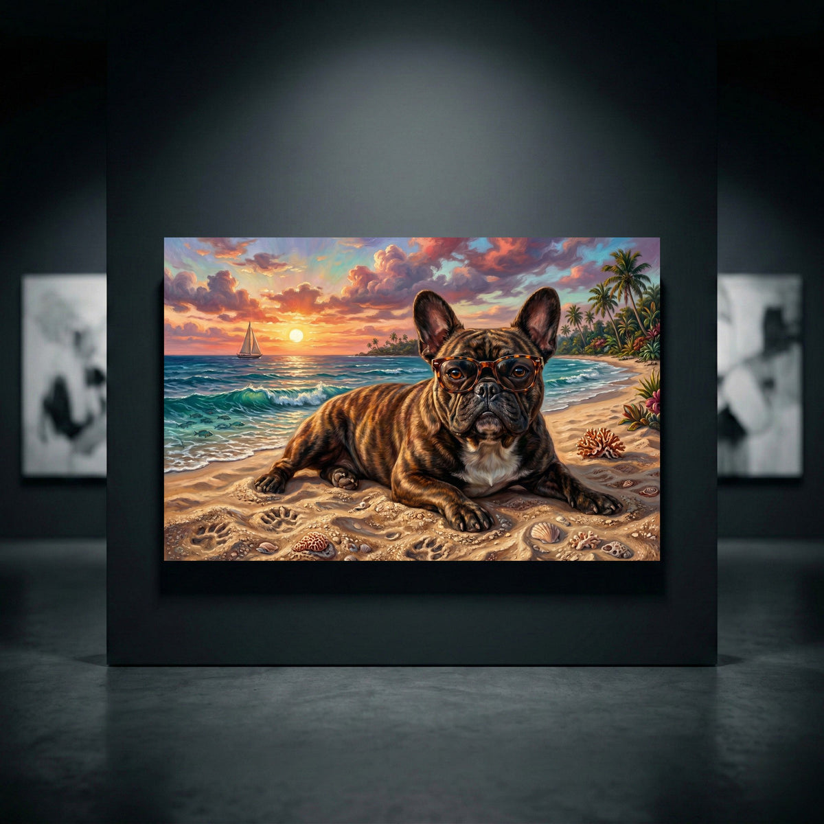 French Bulldog wearing glasses on a tropical beach at sunset, with palm trees and a sailboat, oil painting style canvas print.