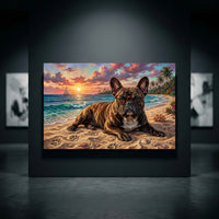 French Bulldog wearing glasses on a tropical beach at sunset, with palm trees and a sailboat, oil painting style canvas print.