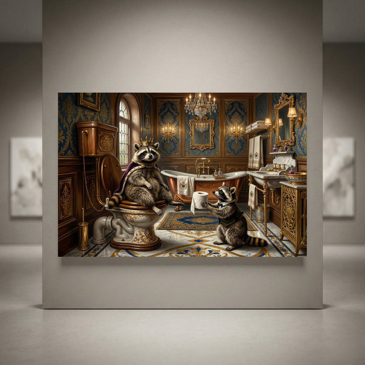 Raccoon Bathroom Stretched Canvas Wall Art, Royal Animal Print, Luxury Powder Room Decor