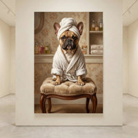 French Bulldog in a white bathrobe and towel turban canvas print, sitting on a luxurious stool in a spa setting.