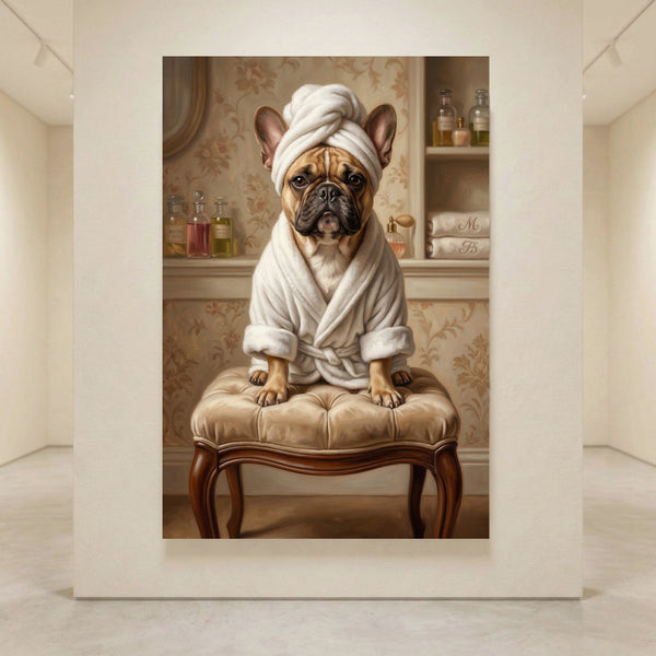 French Bulldog in a white bathrobe and towel turban canvas print, sitting on a luxurious stool in a spa setting.
