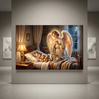 Guardian angel watching over a sleeping child with a teddy bear in a warm, moonlit bedroom canvas print art.
