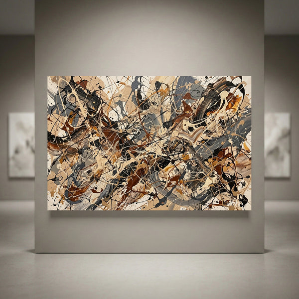 Abstract splatter art canvas print featuring beige, brown, black, and grey tones in a modern art gallery setting.