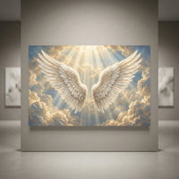 Divine angel wings canvas print with golden heavenly clouds and radiant light rays in an ethereal art style.